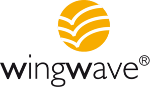 Das offizielle wingwave® Logo – Gelber Kreis mit stilisierten weißen Wellenlinien und dem Schriftzug 'wingwave' – Zertifizierte Coaching-Methode bei Martin Henrich, Wiesbaden
